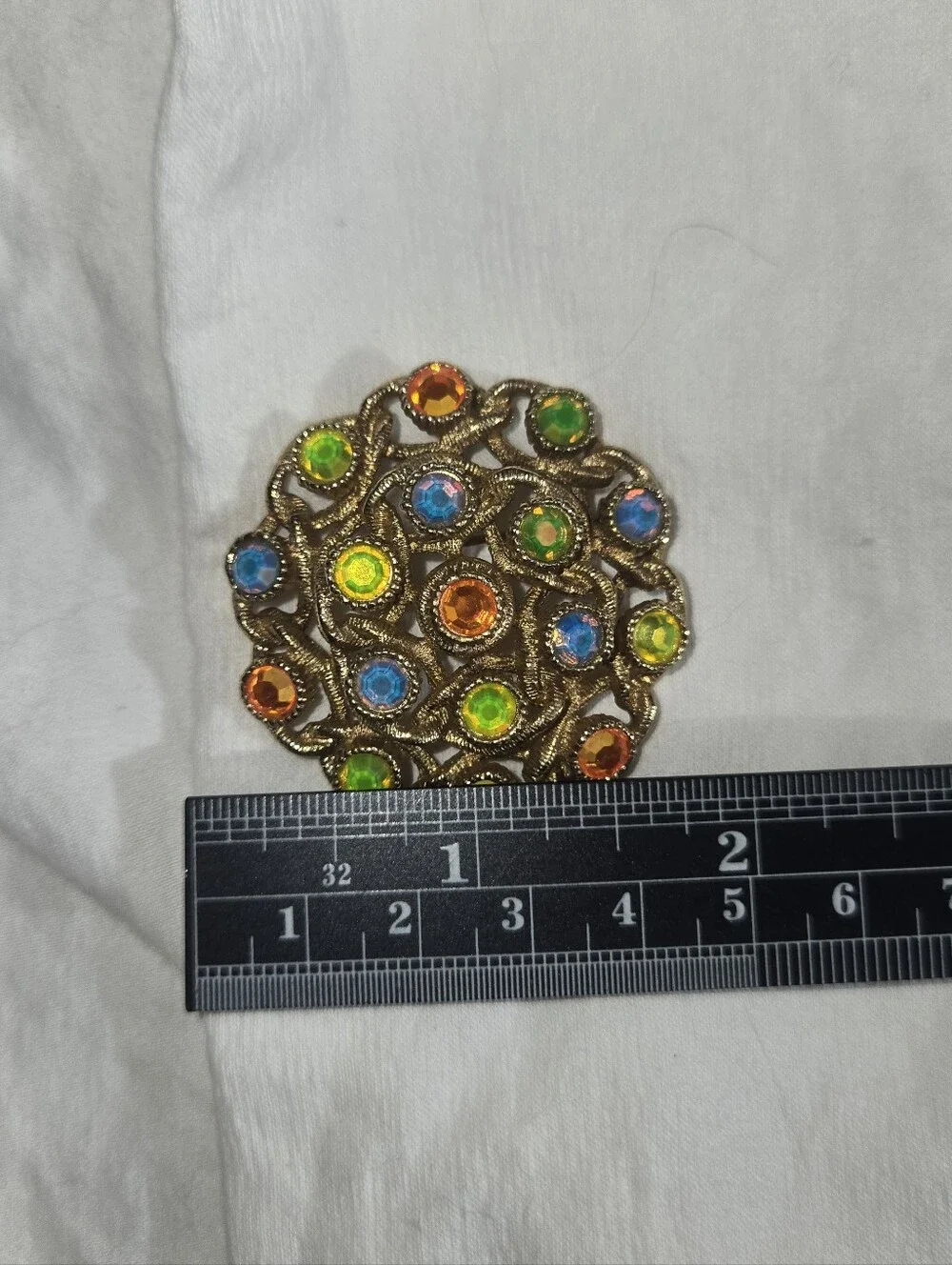 Vintage Sarah Comventry Multicolor Rhinestone Brooch - Round Filigree Pin